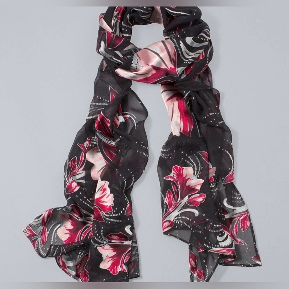 Elegant Black and Pink Floral Scarf